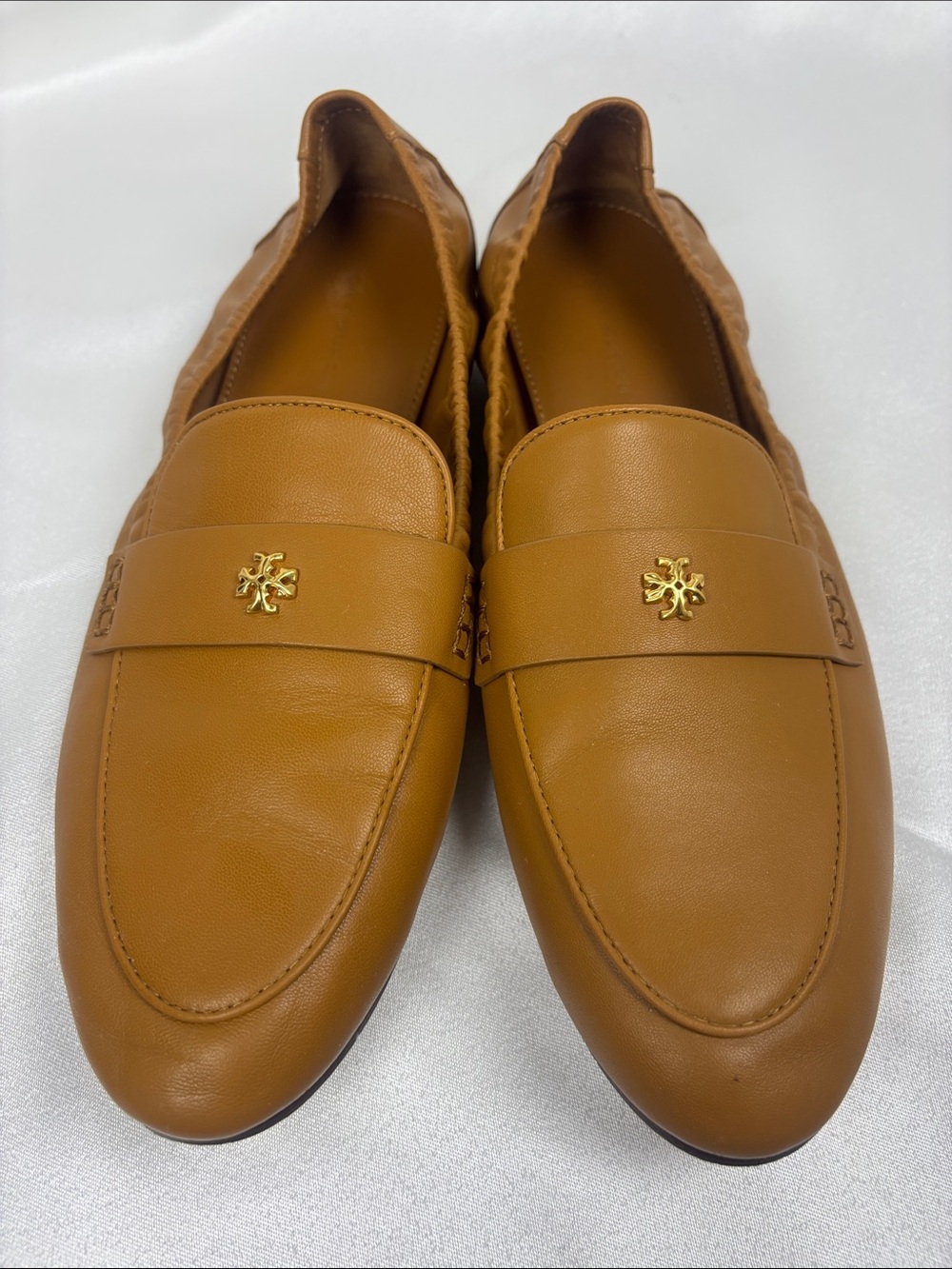 Tory Burch Caramel Leather Penny Loafers with Gold Logo